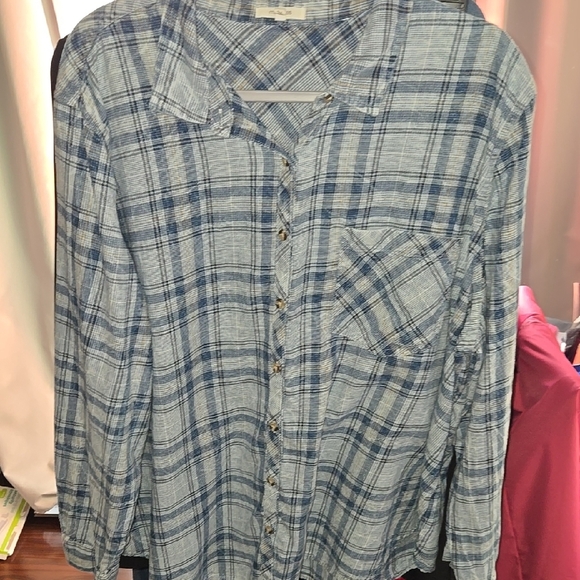Blue Button Down Shirt with Plaid Pattern - Picture 1 of 5